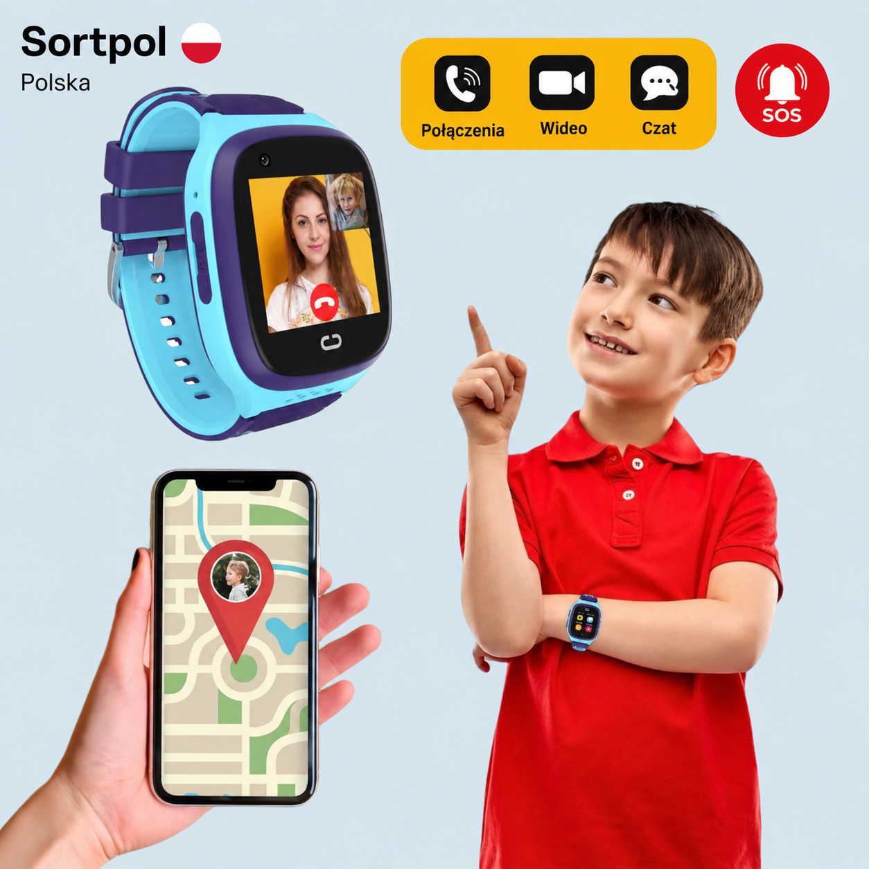 Dziecko używające smartwatcha GPS Sortpol z intuicyjnym interfejsem OLED