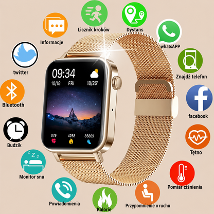 Smartwatch dla kobiet w eleganckiej obudowie z wyświetlaczem dotykowym