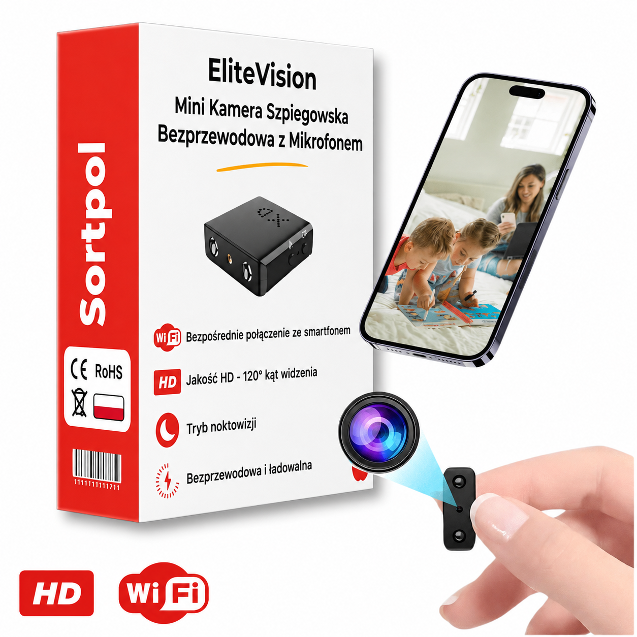 Mini kamera szpiegowska EliteVision Full HD 1080p z noktowizorem i detekcją ruchu