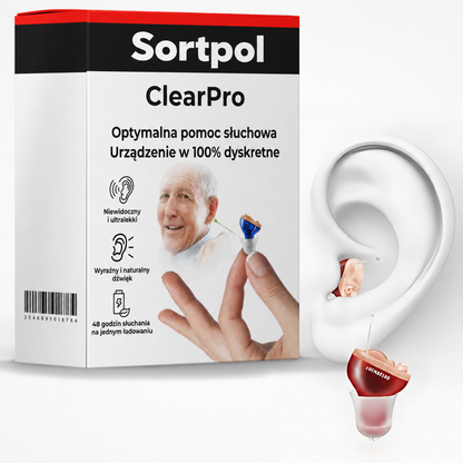 Niewidoczny aparat słuchowy ClearPro w opakowaniu z akcesoriami