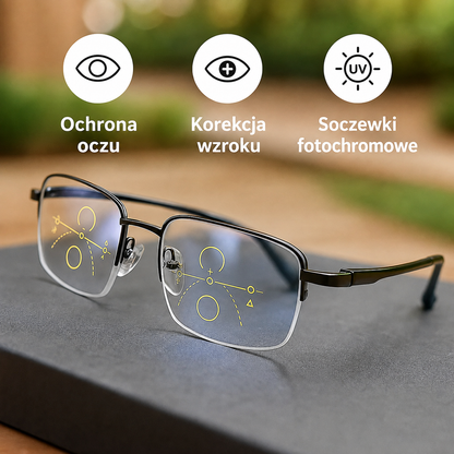 Niemieckie Inteligentne Okulary Progresywne Sortpol z soczewkami fotochromowymi do czytania i prowadzenia pojazdu