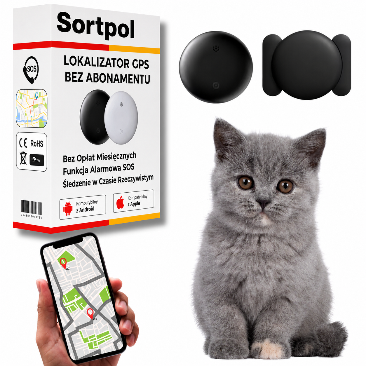 Lokalizator GPS dla kota leżący obok smartfona z aplikacją śledzenia