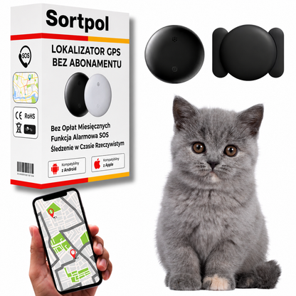 Lokalizator GPS dla kota leżący obok smartfona z aplikacją śledzenia