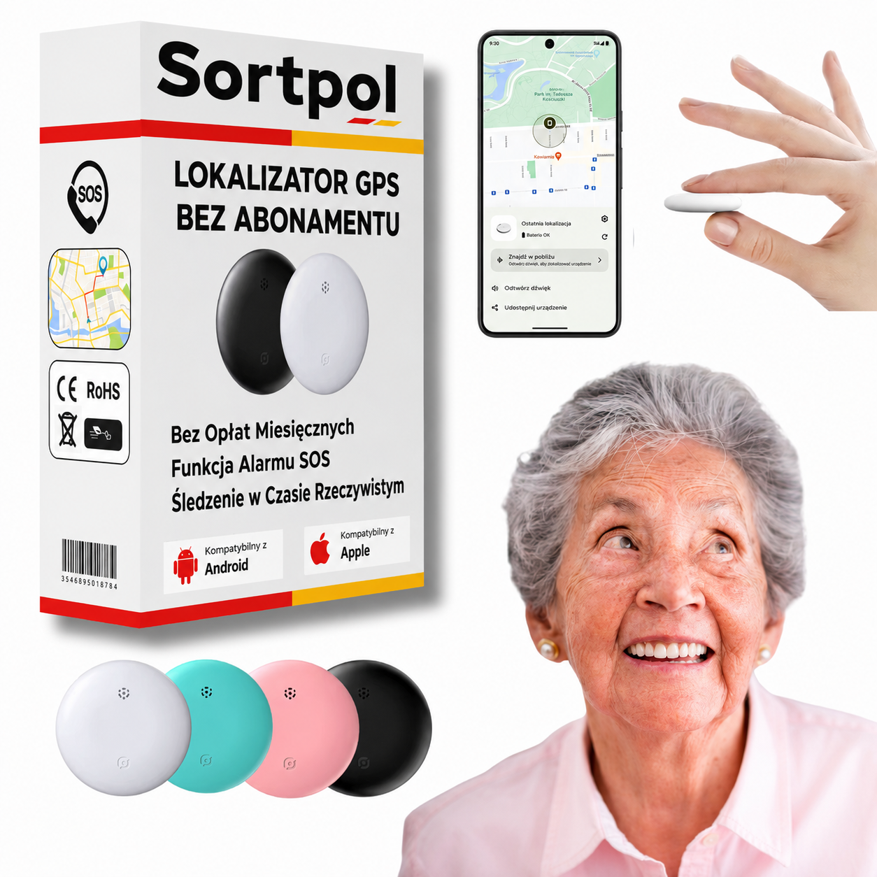 Lokalizator GPS dla seniorów w dłoni, pokazujący kompaktowy i dyskretny design urządzenia