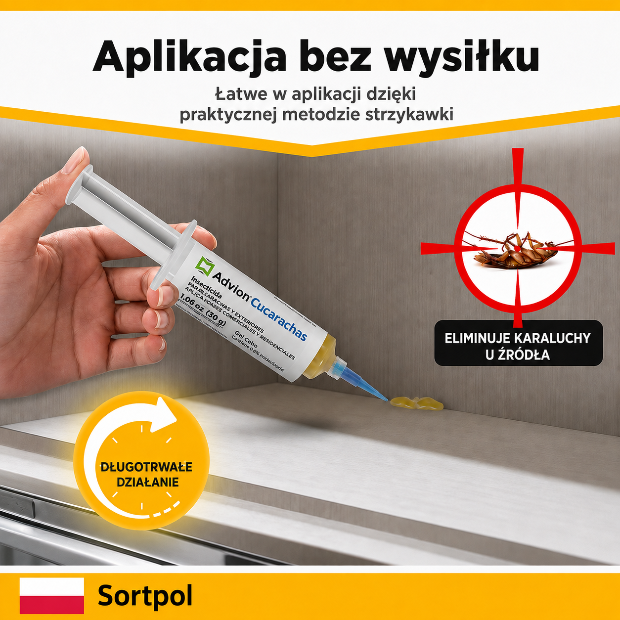 Szczegóły opakowania strzykawki żelowej do eliminacji karaluchów z informacjami o składzie