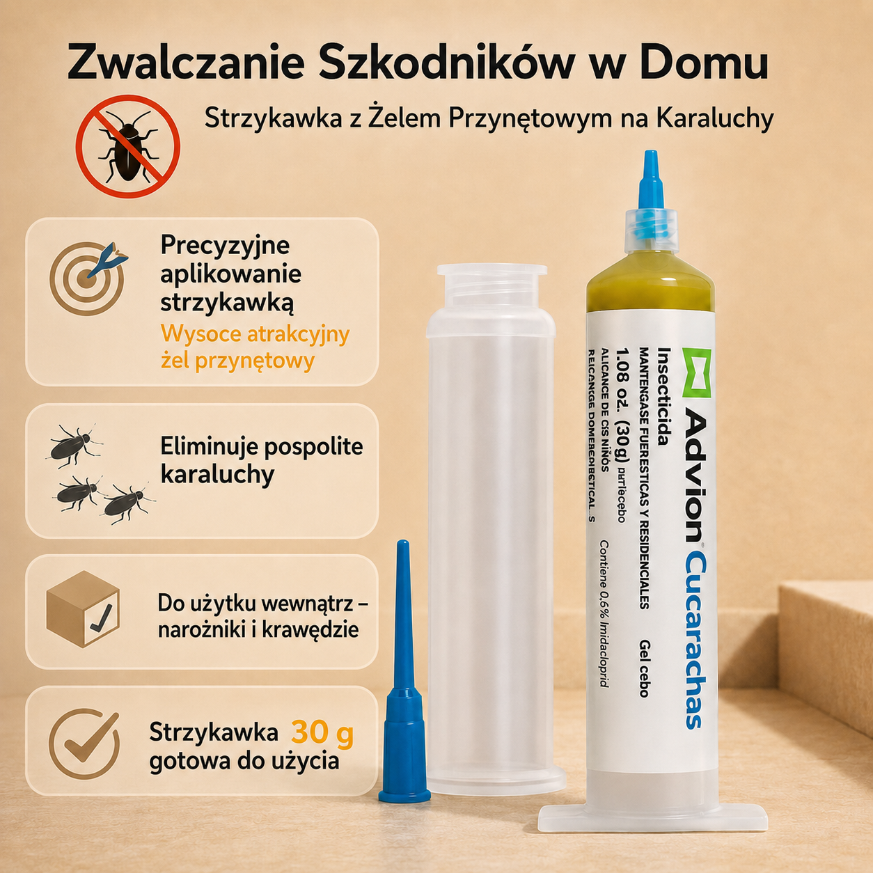 Strzykawka żelowa do zwalczania karaluchów pokazująca łatwość aplikacji w narożnikach