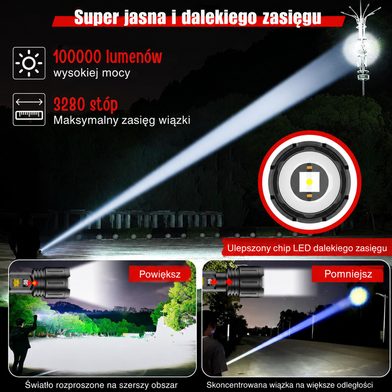 Latarka LED 100000 lumenów z zasięgiem 1000 metrów, idealna na wyprawy outdoor