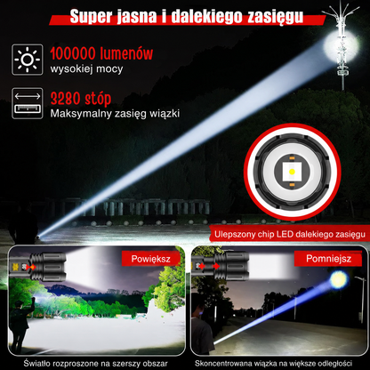 Latarka LED 100000 lumenów z zasięgiem 1000 metrów, idealna na wyprawy outdoor