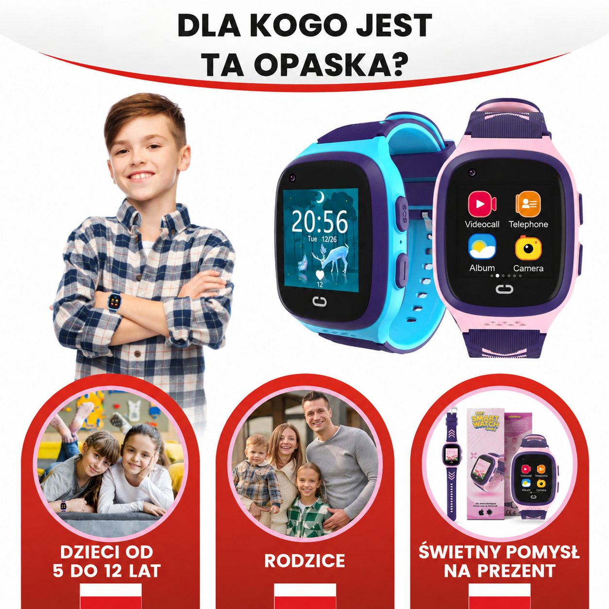 Smartwatch GPS dla dzieci w trzech kolorach: niebieski, różowy i czarny