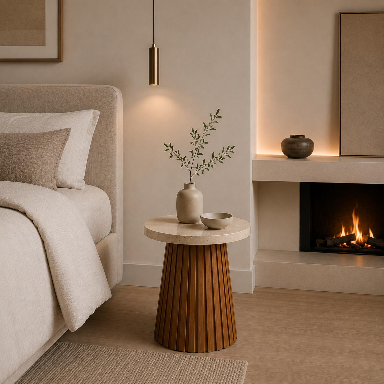 Okrągły Stolik Boczny z Ryflowaną Drewnianą Podstawą i Kamiennym Blatem w Stylu Modern Organic