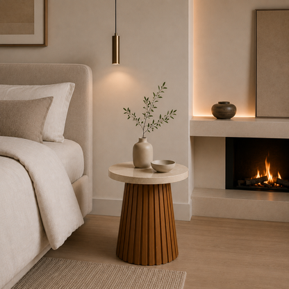 Okrągły Stolik Boczny z Ryflowaną Drewnianą Podstawą i Kamiennym Blatem w Stylu Modern Organic